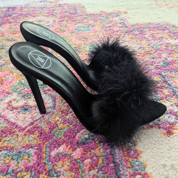 Black Feather Peep Toe Mules - Picture 2 of 5
